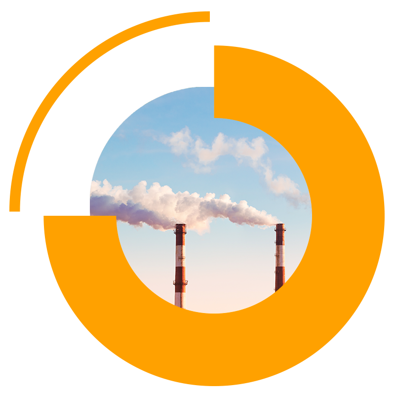 Industrial smokestacks emitting CO₂ against a blue sky, framed by an orange circular graphic representing energy transition and decarbonisation.