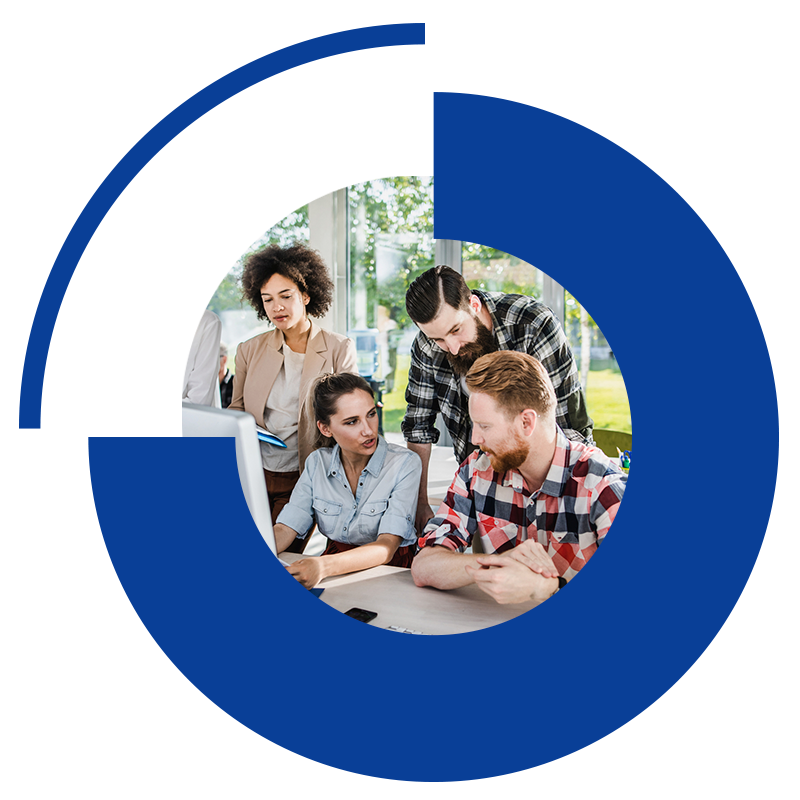 Team of professionals collaborating around a computer in a modern office, framed by a blue circular graphic